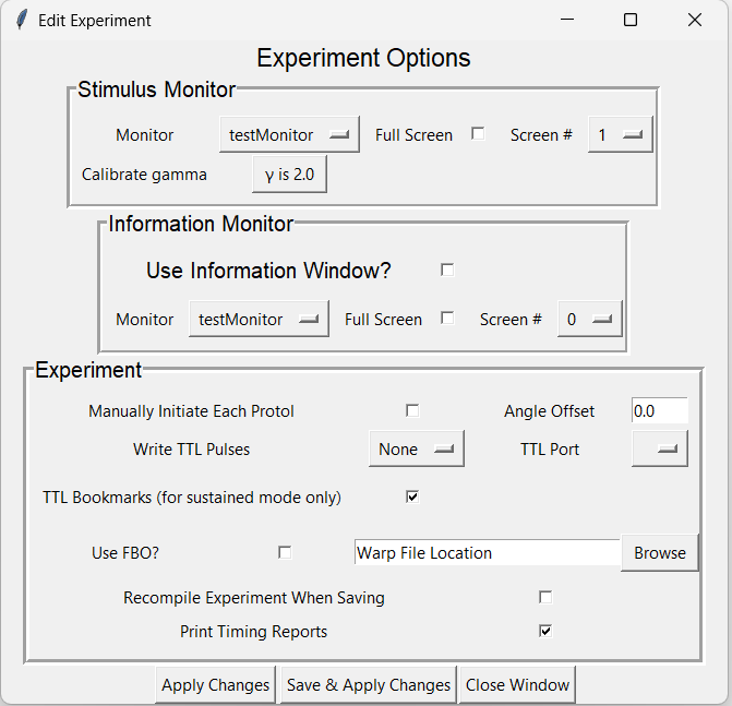 Experiment Options Window