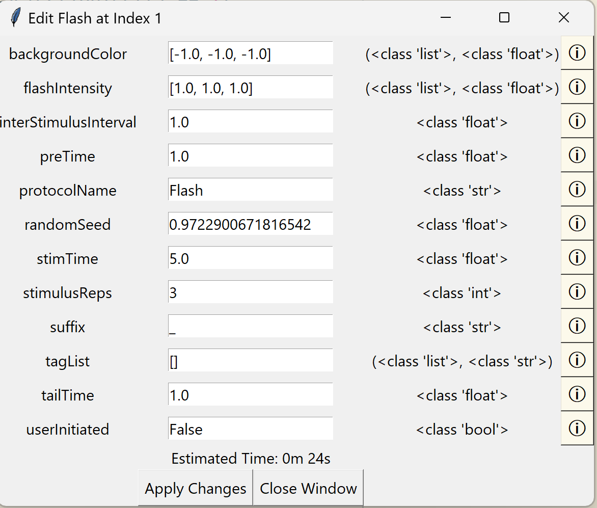 Parameters for the flash stimulus